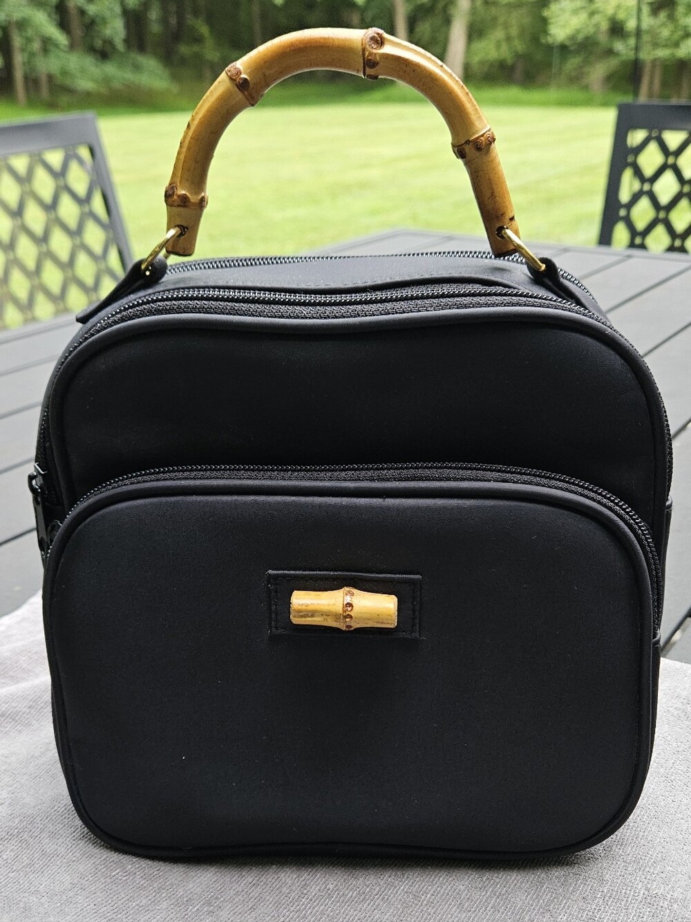 Vintage Avon Black Nylon Organizer Travel Bag with Natural Bamboo Handle